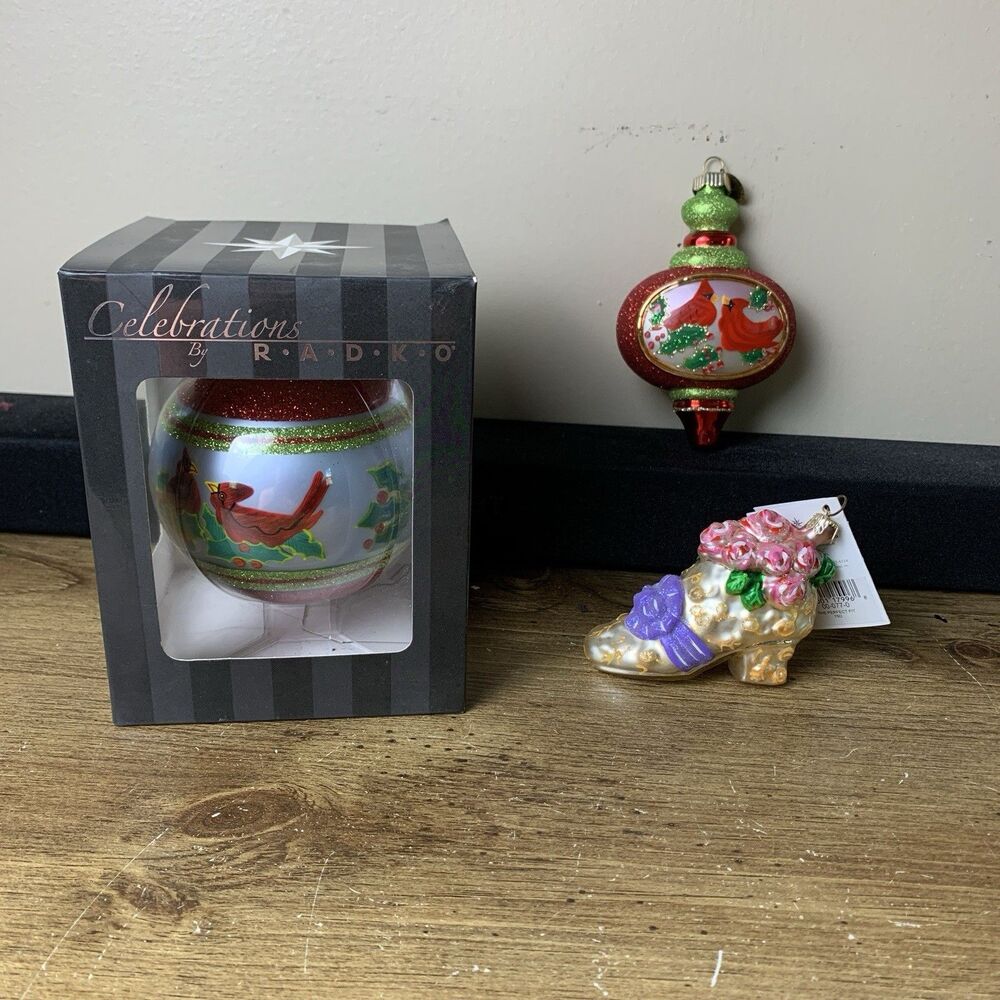 Radko Glass Christmas Ornaments Red Cardinal Holly & Boot Hand Painted